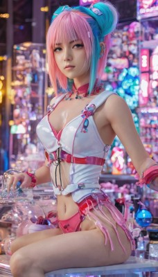 1girl,solo,breasts,looking at viewer,short hair,bangs,navel,holding,cleavage,jewelry,medium breasts,sitting,underwear,blue hair,panties,swimsuit,pink hair,bikini,multicolored hair,earrings,parted lips,sleeveless,choker,artist name,blunt bangs,necklace,hair bun,bra,mole,blurry,bracelet,two-tone hair,cup,lips,double bun,aqua hair,makeup,blurry background,piercing,bottle,pink panties,ear piercing,drinking glass,zipper,realistic,pink bra,pink bikini,navel piercing,bow,thighs,gradient hair,headphones,watermark,science fiction,cyberpunk,neon lights