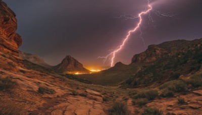 outdoors,sky,cloud,no humans,cloudy sky,grass,scenery,sunset,rock,mountain,electricity,lightning,landscape,cliff,night,fire,sand,horizon,mountainous horizon,molten rock