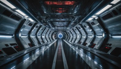 no humans,robot,mecha,machinery,reflection,science fiction,realistic,cable,space,spacecraft,lights,cockpit,shiny,indoors,english text,glowing,scenery,light,machine