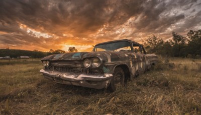 outdoors,sky,cloud,tree,no humans,cloudy sky,grass,ground vehicle,nature,scenery,motor vehicle,forest,sunset,car,vehicle focus,evening,sports car,field