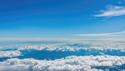 monochrome,outdoors,sky,day,cloud,blue sky,no humans,ocean,cloudy sky,scenery,blue theme,horizon,landscape,above clouds,water