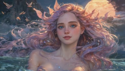 1girl,solo,long hair,breasts,looking at viewer,blue eyes,brown hair,bare shoulders,collarbone,upper body,pink hair,outdoors,parted lips,sky,teeth,artist name,cloud,signature,water,lips,night,floating hair,ocean,moon,bug,looking up,wind,butterfly,portrait,night sky,full moon,partially submerged,freckles,fish,realistic,purple hair,orange hair,eyelashes,strapless,cloudy sky,nose,waves