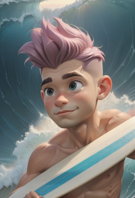 solo,blush,smile,short hair,1boy,holding,closed mouth,nipples,upper body,weapon,pink hair,male focus,outdoors,day,sword,artist name,water,holding weapon,muscular,ocean,holding sword,abs,thick eyebrows,pectorals,muscular male,bara,freckles,topless male,male child,undercut,waves,surfboard,blue eyes,nude,sky,cloud,watermark,scar,realistic