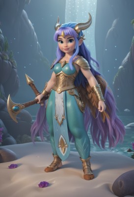 1girl,solo,long hair,breasts,looking at viewer,smile,blue eyes,holding,jewelry,medium breasts,very long hair,blue hair,standing,full body,weapon,purple hair,flower,multicolored hair,horns,sword,artist name,water,holding weapon,armor,lips,monster girl,staff,shoulder armor,pelvic curtain,pauldrons,rock,bracer,shell,waterfall,hair ornament,pointy ears,watermark,tiara,breastplate,vambraces,hooves,boobplate