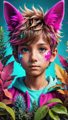 solo,looking at viewer,short hair,bangs,blue eyes,blonde hair,brown hair,shirt,1boy,animal ears,closed mouth,jacket,upper body,pink hair,flower,male focus,multicolored hair,artist name,cat ears,hood,aqua eyes,lips,gradient,eyelashes,hoodie,leaf,blue background,facial mark,hood down,feathers,plant,portrait,extra ears,freckles,realistic,nose,pink jacket,facepaint,male child,cat boy,paint splatter,pink hoodie,paint splatter on face,blood,fake animal ears,watermark,wolf ears,blue shirt,child,web address,blood on face,aqua background,paint,splatter