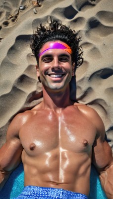 solo,smile,black hair,1boy,navel,nipples,closed eyes,upper body,male focus,hairband,lying,teeth,shiny,dark skin,on back,grin,lips,shiny skin,muscular,headband,facial hair,beach,abs,dark-skinned male,pectorals,muscular male,veins,topless male,realistic,sand,afro,bara,curly hair,manly,shell,male swimwear