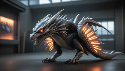 HQ,solo,open mouth,red eyes,tail,full body,wings,horns,teeth,indoors,blurry,orange eyes,pokemon (creature),no humans,window,blurry background,glowing,fangs,sharp teeth,glowing eyes,claws,spikes,colored sclera,monster,dragon,scales,kaijuu,standing,yellow eyes