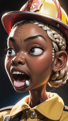 1girl,solo,short hair,open mouth,blonde hair,simple background,brown hair,hat,brown eyes,jewelry,braid,earrings,teeth,tongue,dark skin,uniform,dark-skinned female,lips,eyelashes,upper teeth only,black background,portrait,freckles,realistic,nose,stud earrings,whistle,very dark skin,white hair,helmet