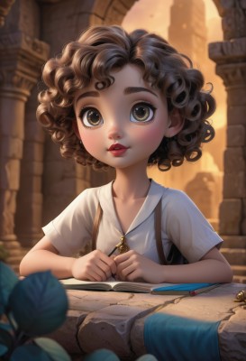 1girl,solo,looking at viewer,blush,short hair,brown hair,shirt,holding,brown eyes,white shirt,upper body,flower,short sleeves,parted lips,indoors,blurry,lips,book,depth of field,blurry background,bug,child,freckles,curly hair,open book,nose,pen,female child,pencil,jewelry,collarbone,earrings,bag,eyelashes,leaf,wavy hair,thick eyebrows,red lips