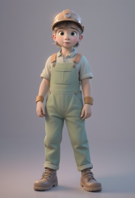 1girl,solo,looking at viewer,smile,short hair,simple background,brown hair,shirt,hat,brown eyes,closed mouth,standing,full body,white shirt,ponytail,short sleeves,boots,shoes,collared shirt,grey background,black eyes,brown footwear,helmet,wristband,child,female child,overalls,blue overalls,1boy,male focus,realistic,male child