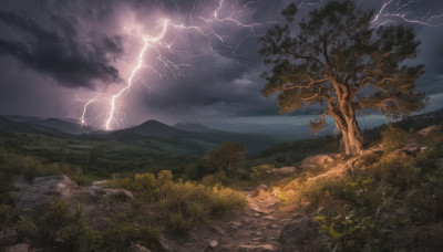 outdoors, sky, cloud, tree, no humans, night, cloudy sky, grass, nature, scenery, rock, mountain, lightning, landscape