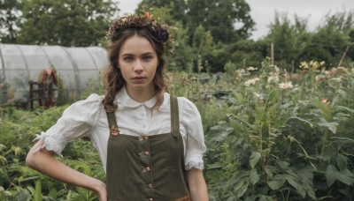 1girl,solo,long hair,looking at viewer,multiple girls,brown hair,shirt,hair ornament,brown eyes,white shirt,upper body,flower,short sleeves,outdoors,parted lips,solo focus,day,puffy sleeves,collared shirt,hair flower,blurry,tree,puffy short sleeves,lips,hand on hip,depth of field,chair,plant,realistic,overalls,head wreath,garden,dress,blurry background,leaf,grass,nature,field