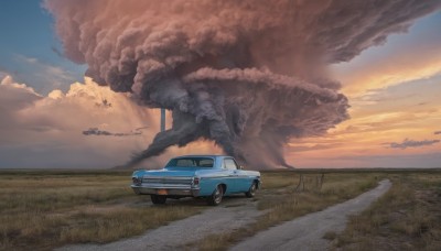 outdoors,sky,cloud,no humans,cloudy sky,grass,ground vehicle,scenery,motor vehicle,smoke,sunset,car,road,vehicle focus,field