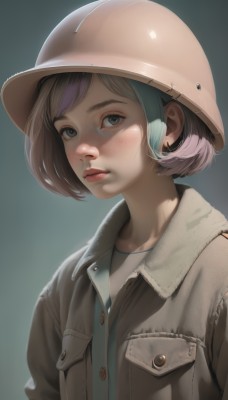 1girl,solo,looking at viewer,blush,short hair,bangs,blue eyes,simple background,brown hair,shirt,jewelry,closed mouth,jacket,upper body,purple hair,multicolored hair,earrings,open clothes,mole,black eyes,two-tone hair,lips,gradient,grey eyes,gradient background,mole under eye,buttons,helmet,grey shirt,freckles,pocket,realistic,nose,unbuttoned,stud earrings,white shirt,streaked hair,eyelashes,expressionless,bob cut,thick eyebrows,brown jacket,breast pocket,leather,leather jacket