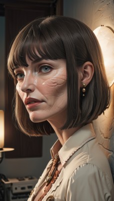 1girl,solo,looking at viewer,short hair,bangs,blue eyes,brown hair,shirt,black hair,ribbon,jewelry,white shirt,upper body,earrings,parted lips,teeth,collared shirt,indoors,blurry,from side,lips,neck ribbon,depth of field,blurry background,bob cut,wing collar,portrait,realistic,nose,lamp,necktie,eyelashes,watermark,scar