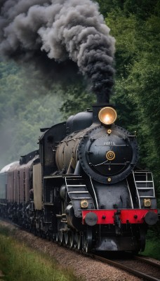 outdoors,sky,day,cloud,tree,military,no humans,grass,ground vehicle,nature,motor vehicle,forest,smoke,military vehicle,tank,vehicle focus,train,caterpillar tracks,railroad tracks,cannon