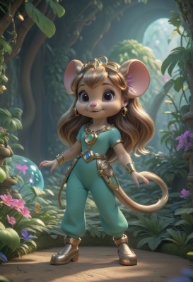 1girl,solo,long hair,looking at viewer,smile,bangs,brown hair,shirt,animal ears,jewelry,closed mouth,standing,purple eyes,collarbone,tail,full body,flower,short sleeves,earrings,outdoors,day,belt,pants,artist name,signature,necklace,blurry,flat chest,bracelet,tree,:3,sunlight,grass,tiara,blue shirt,plant,gem,child,nature,furry,forest,mouse ears,fantasy,furry female,mouse tail,body fur,mushroom,animal nose,brown fur,mouse girl,brown eyes,boots,leaf,brown footwear,goggles,goggles on head,minigirl