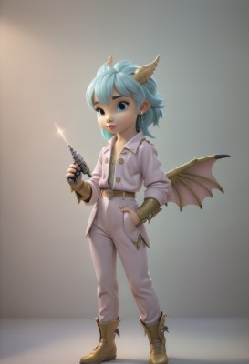 1girl,solo,looking at viewer,short hair,blue eyes,gloves,holding,jewelry,blue hair,standing,jacket,full body,weapon,earrings,boots,wings,horns,belt,pants,fingerless gloves,lips,gun,demon girl,bat wings,handgun,demon wings,hand in pocket,white pants,smile,shirt,long sleeves,collarbone,parted lips,holding weapon,brown footwear,white jacket,holding gun,single glove,glint,stud earrings