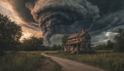 outdoors,sky,day,cloud,tree,no humans,cloudy sky,grass,building,nature,scenery,forest,smoke,road,bush,house,path,flower,field,landscape