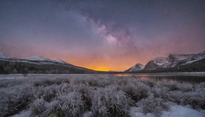 outdoors,sky,cloud,tree,no humans,night,grass,star (sky),nature,night sky,scenery,snow,starry sky,reflection,sunset,mountain,winter,river,twilight,evening,landscape,mountainous horizon,gradient sky,sunrise,hill,water,field