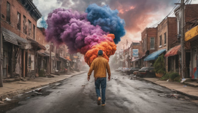 black hair, 1boy, male focus, outdoors, sky, pants, cloud, hood, from behind, denim, ground vehicle, building, scenery, motor vehicle, smoke, walking, jeans, city, car, road, power lines, street, destruction