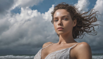 1girl, solo, blue eyes, brown hair, upper body, outdoors, sky, day, cloud, lips, ocean, cloudy sky, freckles, realistic