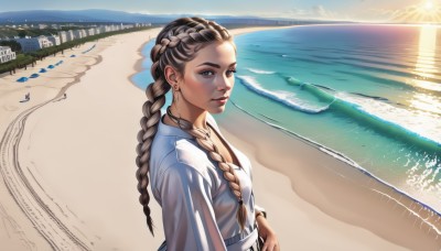 1girl,solo,long hair,breasts,looking at viewer,blue eyes,brown hair,shirt,brown eyes,jewelry,closed mouth,white shirt,upper body,braid,multicolored hair,earrings,small breasts,outdoors,sky,day,dark skin,water,necklace,twin braids,bracelet,two-tone hair,dark-skinned female,lips,looking to the side,ocean,beach,sunlight,realistic,nose,sand,sun,hair behind ear,multiple braids,long sleeves,dress,artist name,cloud,white dress,from side,makeup,piercing,thick eyebrows,scenery,forehead,horizon,road,waves,shore