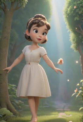 1girl,solo,smile,short hair,open mouth,brown hair,dress,brown eyes,standing,full body,flower,short sleeves,hairband,outdoors,barefoot,day,hair bun,white dress,black eyes,tree,sunlight,single hair bun,grass,bug,butterfly,child,nature,forest,light rays,female child,jewelry,parted lips,necklace,lips,toes,leaf,rock,mushroom