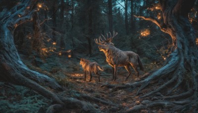 outdoors,tree,no humans,night,animal,nature,scenery,forest,fantasy,dark,antlers,deer,glowing