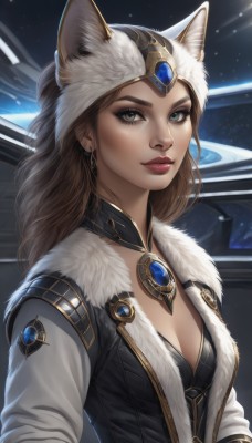 1girl,solo,long hair,breasts,looking at viewer,blue eyes,brown hair,hat,animal ears,cleavage,jewelry,medium breasts,closed mouth,upper body,earrings,small breasts,artist name,cat ears,signature,lips,grey eyes,fur trim,eyelashes,makeup,lipstick,brooch,gem,eyeshadow,nose,red lips,necklace,realistic