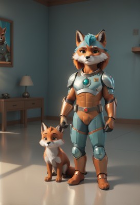 solo,smile,short hair,gloves,1boy,animal ears,brown eyes,closed mouth,blue hair,standing,tail,full body,male focus,boots,teeth,shiny,belt,artist name,indoors,signature,armor,looking at another,black eyes,two-tone hair,fox ears,bodysuit,fox tail,animal,watermark,looking down,table,happy,fox girl,shoulder armor,gauntlets,clenched hand,furry,clenched hands,reflection,dog,breastplate,armored boots,lamp,furry male,body fur,white fur,animal nose,snout,brown fur,two-tone fur,blue gemstone,orange footwear,picture (object),fox boy,blue fur,orange fur,1girl,looking at viewer,green eyes,multicolored hair,orange hair,shadow,web address,arms at sides,headpat,fox,painting (object)