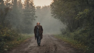 solo,looking at viewer,shirt,long sleeves,1boy,standing,jacket,white shirt,white hair,male focus,outdoors,pants,black footwear,tree,coat,facial hair,sunglasses,nature,scenery,beard,forest,walking,hands in pockets,mustache,road,bald,wide shot,old,old man,brown hair,japanese clothes,grass,bush