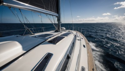 outdoors,sky,day,cloud,water,blue sky,no humans,ocean,cloudy sky,ground vehicle,building,scenery,motor vehicle,horizon,watercraft,vehicle focus,ship,boat,signature,waves,crane (machine)