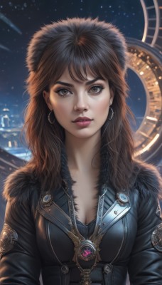 1girl,solo,long hair,breasts,looking at viewer,bangs,brown hair,cleavage,brown eyes,jewelry,medium breasts,jacket,upper body,earrings,parted lips,sky,necklace,lips,black jacket,fur trim,eyelashes,makeup,night,lipstick,star (sky),night sky,zipper,starry sky,hoop earrings,realistic,nose,clock,red lips,leather,leather jacket