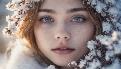 1girl, solo, looking at viewer, blue eyes, blonde hair, brown hair, flower, parted lips, teeth, blurry, lips, eyelashes, portrait, close-up, realistic, nose