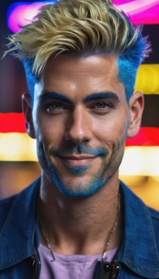 solo,looking at viewer,smile,short hair,blonde hair,shirt,1boy,brown eyes,jewelry,closed mouth,blue hair,jacket,male focus,multicolored hair,necklace,facial hair,portrait,beard,realistic,nose,mustache,manly,undercut,upper body,artist name,purple shirt