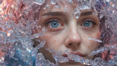 1girl,solo,looking at viewer,blue eyes,closed mouth,pink hair,water,blurry,lips,eyelashes,portrait,close-up,freckles,ice,realistic,bangs,black hair,frills,depth of field,bubble,air bubble,straight-on