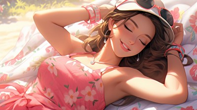 1girl,solo,long hair,breasts,blush,smile,brown hair,hat,dress,bare shoulders,jewelry,medium breasts,collarbone,closed eyes,upper body,earrings,outdoors,lying,parted lips,teeth,sleeveless,day,on back,armpits,necklace,blurry,arms up,bracelet,lips,makeup,sleeveless dress,blurry background,beach,floral print,sunlight,sunglasses,pink dress,facing viewer,eyewear on head,hoop earrings,pink lips,sand,bangle,shade,eyewear on headwear,nail polish,dark-skinned female,baseball cap