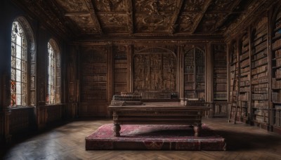 day,indoors,book,no humans,window,table,sunlight,scenery,light rays,wooden floor,stairs,bookshelf,candle,architecture,pillar,statue,library,carpet,church,arch,candlestand,rug,chandelier,chair,tiles,tile floor,stained glass,fireplace