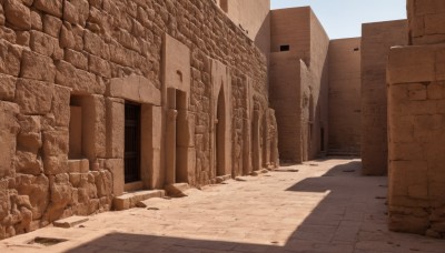 outdoors,sky,day,blue sky,no humans,window,shadow,sunlight,building,scenery,door,road,wall,ruins,pillar,rock,brick wall,desert,arch,stone,stone floor