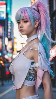 1girl,solo,long hair,breasts,looking at viewer,bangs,jewelry,medium breasts,closed mouth,blue hair,purple eyes,upper body,ponytail,pink hair,purple hair,multicolored hair,earrings,outdoors,choker,midriff,pants,dark skin,blunt bangs,bra,blurry,from side,two-tone hair,dark-skinned female,lips,crop top,see-through,gradient hair,depth of field,blurry background,piercing,high ponytail,freckles,realistic,nose,white choker,blue eyes,artist name,streaked hair,night,watermark,ear piercing,city,stud earrings