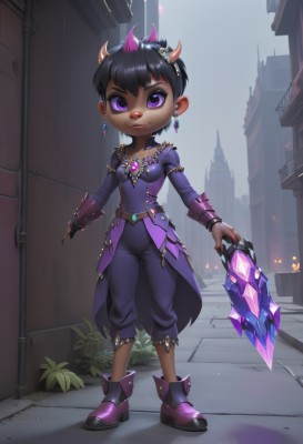 1girl,solo,breasts,looking at viewer,smile,short hair,bangs,black hair,long sleeves,holding,jewelry,medium breasts,closed mouth,standing,purple eyes,full body,weapon,multicolored hair,earrings,boots,outdoors,horns,shoes,shiny,pants,artist name,dark skin,necklace,nail polish,holding weapon,dark-skinned female,blood,makeup,building,gem,crystal,purple footwear,purple pants,green gemstone,nose piercing,shirt,hair ornament,animal ears,collarbone,small breasts,teeth,day,signature,mole,shiny hair,flat chest,:3,black pants,happy,mole under mouth,claws,multicolored clothes,furry,furry female,vambraces,stud earrings,purple jacket,body fur,animal nose,two-tone fur,puffy pants,pointy footwear