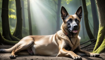 HQ,solo,brown eyes,full body,outdoors,lying,day,tongue,signature,tongue out,collar,tree,no humans,animal,sunlight,on stomach,nature,forest,dog,light rays,realistic,animal focus,looking at viewer,blurry,on side