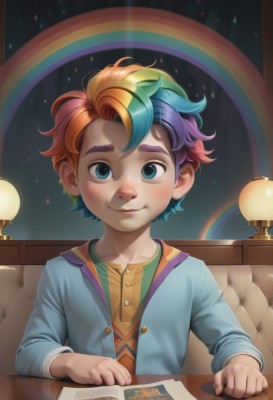 solo,looking at viewer,blush,smile,short hair,blue eyes,shirt,long sleeves,1boy,sitting,closed mouth,blue hair,jacket,upper body,purple hair,male focus,multicolored hair,green hair,artist name,indoors,orange hair,two-tone hair,streaked hair,book,buttons,watermark,chair,table,messy hair,child,couch,web address,personification,freckles,paper,lamp,male child,rainbow,rainbow hair,blonde hair,red hair,aged down,animification