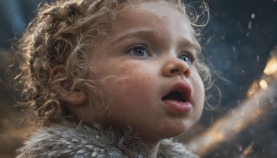 1girl, solo, short hair, open mouth, blue eyes, blonde hair, parted lips, blurry, lips, fur trim, eyelashes, depth of field, blurry background, portrait, close-up, curly hair, realistic, nose, looking afar