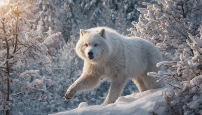 outdoors, blurry, tree, no humans, animal, snow, dog, realistic, animal focus, winter