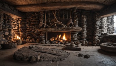 indoors,no humans,window,fire,scenery,wooden floor,stairs,candle,brick wall,torch,barrel,log,fireplace,wood,weapon,sword,shield,fantasy,stone floor,stone wall