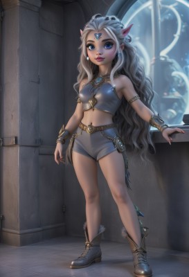 1girl,solo,long hair,breasts,looking at viewer,smile,blue eyes,navel,bare shoulders,jewelry,very long hair,standing,full body,white hair,grey hair,earrings,small breasts,boots,horns,shorts,pointy ears,midriff,belt,indoors,dark skin,nail polish,bracelet,dark-skinned female,lips,fingernails,short shorts,makeup,colored skin,wavy hair,facial mark,elf,gem,red nails,armlet,bracer,forehead jewel,long pointy ears,hair ornament,necklace,watermark,tiara,lipstick,web address,forehead mark,ankle boots