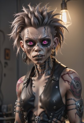 1girl,solo,breasts,looking at viewer,short hair,black hair,bare shoulders,jewelry,purple eyes,collarbone,upper body,grey hair,multicolored hair,earrings,small breasts,teeth,sleeveless,indoors,pink eyes,necklace,blurry,vest,tattoo,makeup,blurry background,piercing,clenched teeth,messy hair,ear piercing,spikes,armlet,veins,hoop earrings,muscular female,biting,arm tattoo,shoulder tattoo,undercut,stitches,facial tattoo,cyborg,mascara,lip biting,mohawk,lip piercing,eyebrow piercing,cleavage,parted lips,open clothes,choker,artist name,lips,no bra,blood,depth of field,colored sclera,black vest,leather,open vest,nose piercing