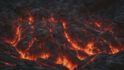 no humans, fire, scenery, monster, rock, cave, molten rock